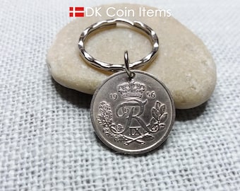Danish 1956 Coin Pendant Keychain: Vintage 25 Øre, Crown R Monogram