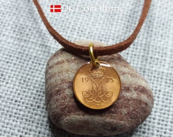 Vintage Denmark Coin Pendant: 1973 Crown Monogram, Danish Souvenir