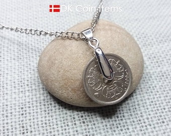 Denmark 1 krone coin necklace: Crowned M-initials pendant - on platinum plated pinch bail - Danish vintage souvenir or coin charm gift