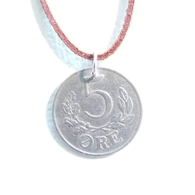 Genuine vintage coin 80 year 5 ore from Denmark 80th gift. Authentic crown coin 1941 coin pendant necklace Cord by choice C initial