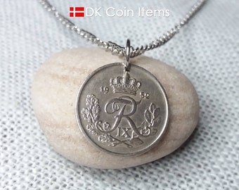 Denmark 1952 coin pendant necklace: Crowned R-monogram - Danish vintage 25 ore souvenir - 73rd birthday gift - 25th anniversary