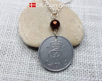 Danish 1959 Coin Necklace - Vintage 5 Øre Pendant - Crowned R Monogram