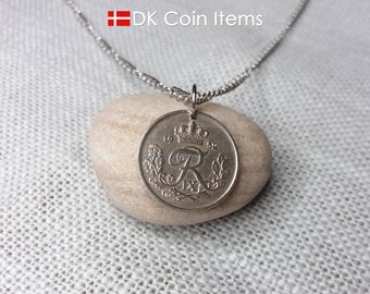 Denmark 1952 Coin Pendant Necklace - Crown R Initial - Vintage 25 Øre