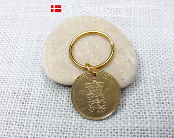 Danish 1957 Coin Pendant Keychain: Vintage 1 Krone - Crowned Coat of Arms