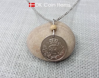 Danish 1950 coin pendant necklace: Vintage  25 Øre, Crowned R Monogram