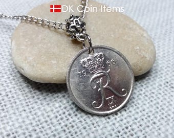 Danish 1966 Coin Necklace - Crown R Initial Pendant - Vintage 25 Øre