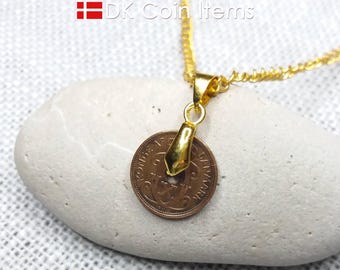 Denmark 1936 Coin Necklace - Crown C Initial - Antique 1 Øre Pendant