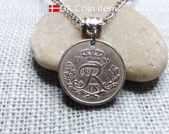 Denmark 1951 coin necklace - Initial R with Royal Crown - Danish 25 ore pendant - 75th birthday gift