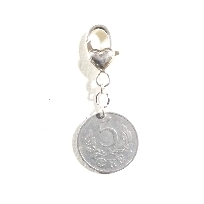 C initial 80 year 5 ore from Denmark Genuine vintage coin 1941 coin pendant charm Purse charm Authentic crown coin 80th birthday gift.