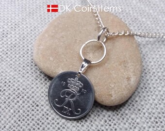 1970 Danish Coin Necklace: Crown R Monogram, Vintage Souvenir