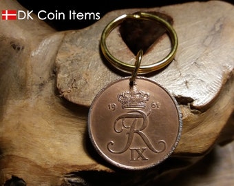 Denmark 1961 coin keychain. Crown R pendant. 62 year old danish 5 ore as coin charm. 62nd birthday anniversary gift. Danish souvenir gift.