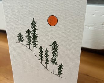 Watercolor Redwood Mountain with Sunrise Card: Mountain Landscape - 4x6