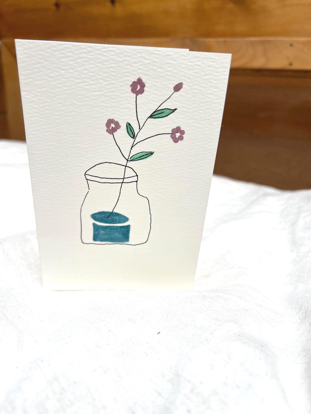 Handmade Watercolor Flower Thank You Card: Blue With Pink Flowers Vase ...