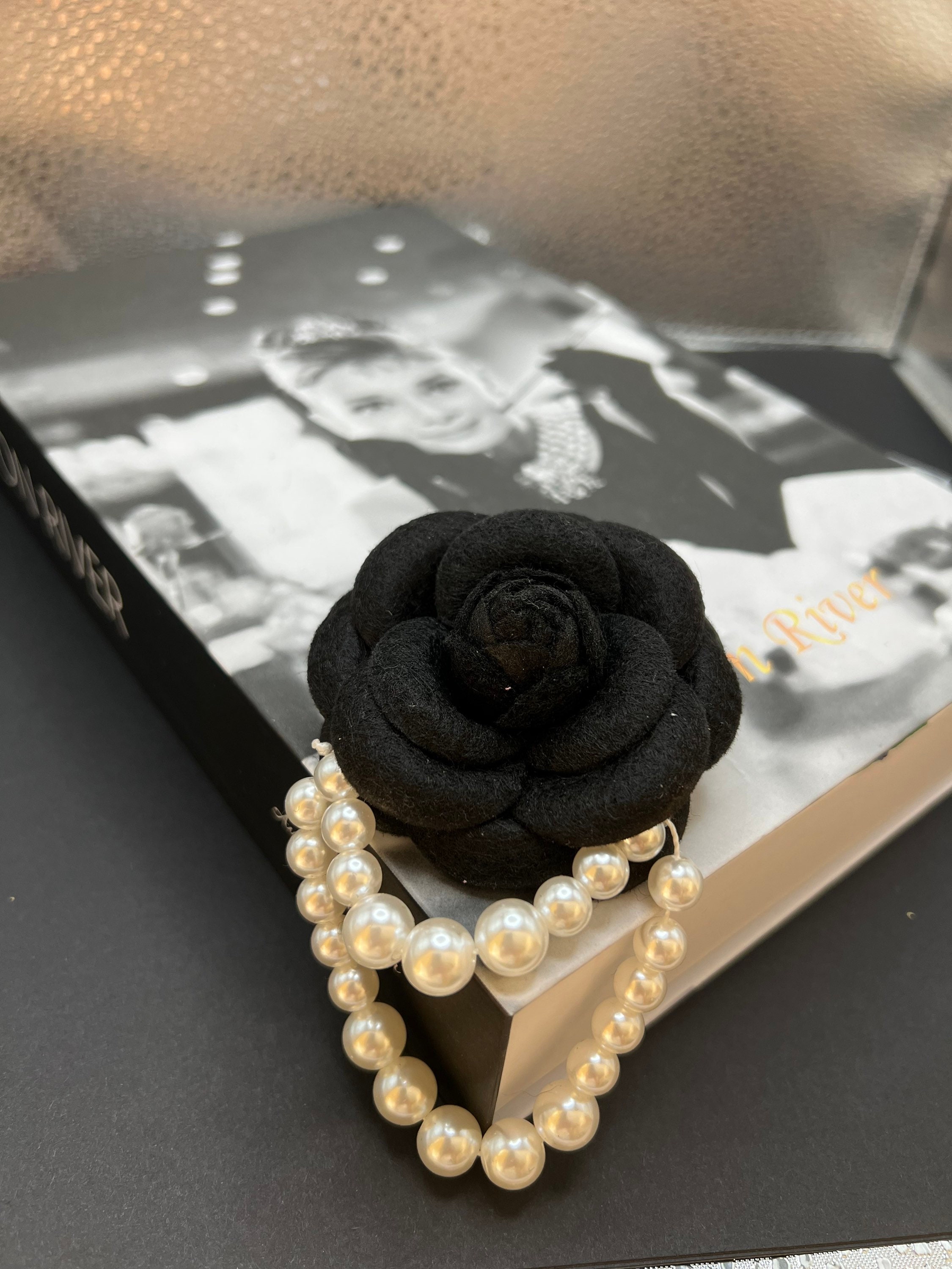 Chanel camellia brooch pin pearl rhinestone jewelry accessory with box  authentic