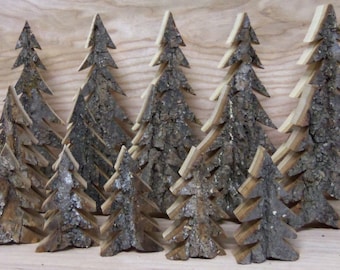 Rindenholzbäume, Lindenholz, Weihnachtsdeko, Winterdeko