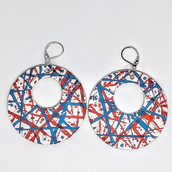 1 PR Hand painted Red, White, & Blue Abstract Lightweight Wood Hoop Earrings- Hypoallergenic .925 Sterling Silver Lever Backs