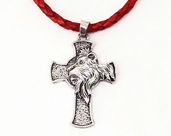 Lion of Judah silver tone alloy metal cross pendant necklace on 3 mm braided leather cord with magnetic interlocking stainless steel clasp.