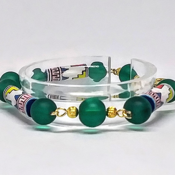 SALE 1 Peruvian Hand Painted Ceramic White, Green, Yellow, Red Tubular Bead & Peacock Green Sea Glass Bead Bracelet. 14K GF Bracelet Clasp.