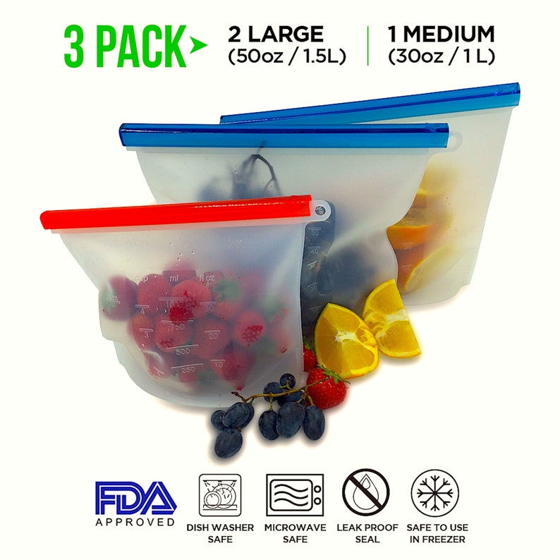 3 Reusable Food Storage Bags Eco Friendly Silicone Food Bags Etsy