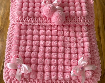 Beautiful Pink Baby Pom Pom Blanket
