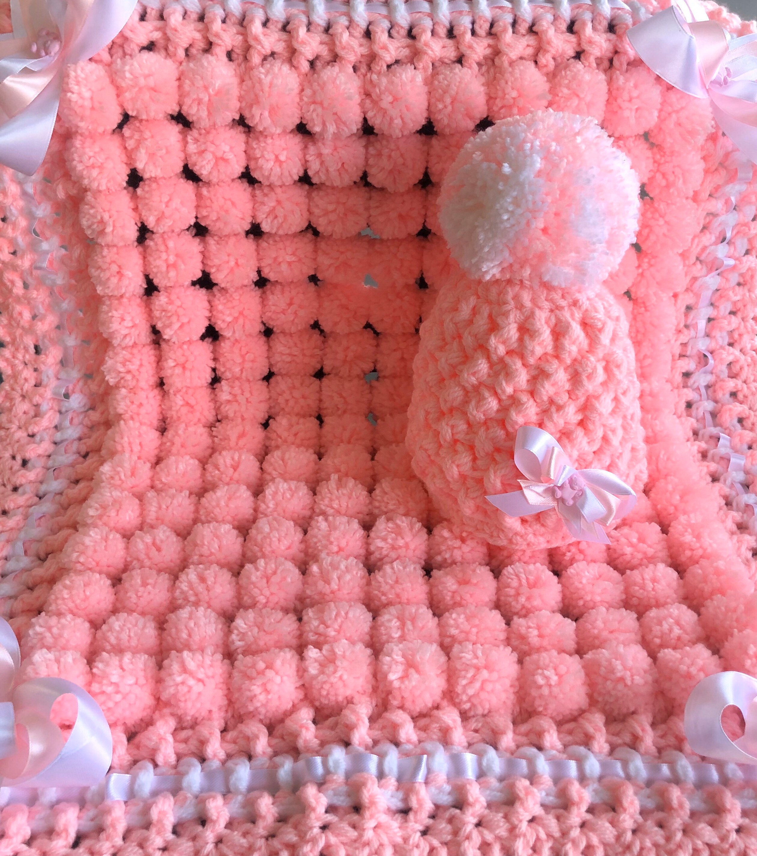 Beautiful Pink Baby Pom Pom Blanket And Hat Etsy