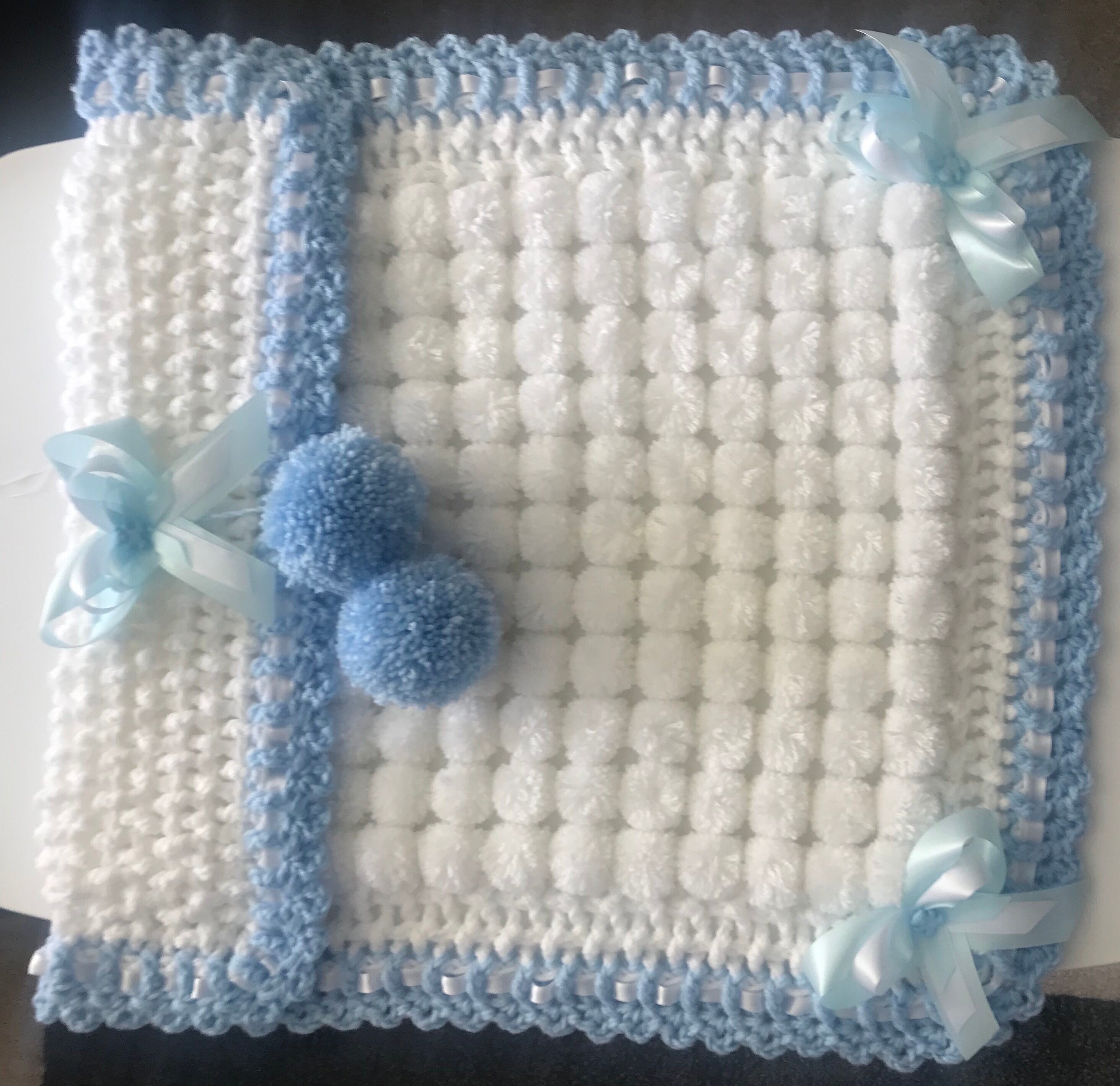 Beautiful White and Blue Baby Pom Pom Blanket Etsy UK