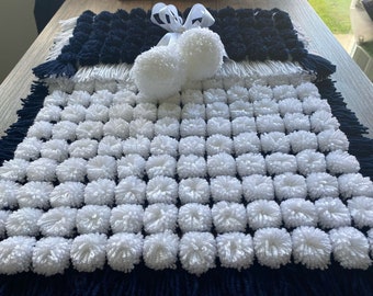 Beautiful White and Navy Baby Pom Pom Blanket
