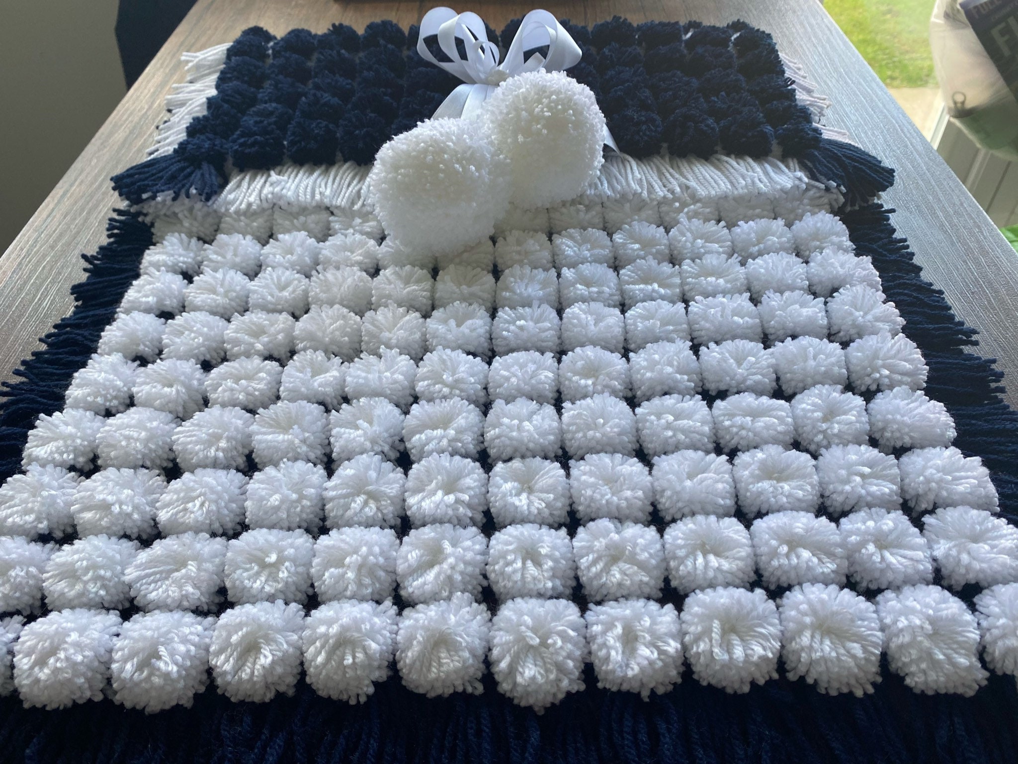 Beautiful White and Navy Baby Pom Pom Blanket Etsy UK