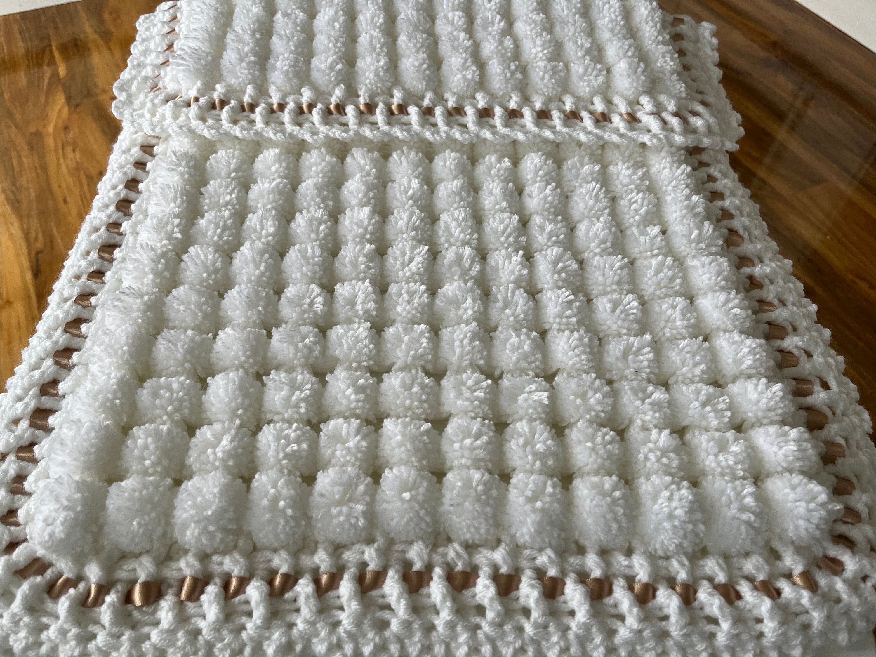 Beautiful White Baby Pom Pom Blanket With Beige Ribbon Etsy