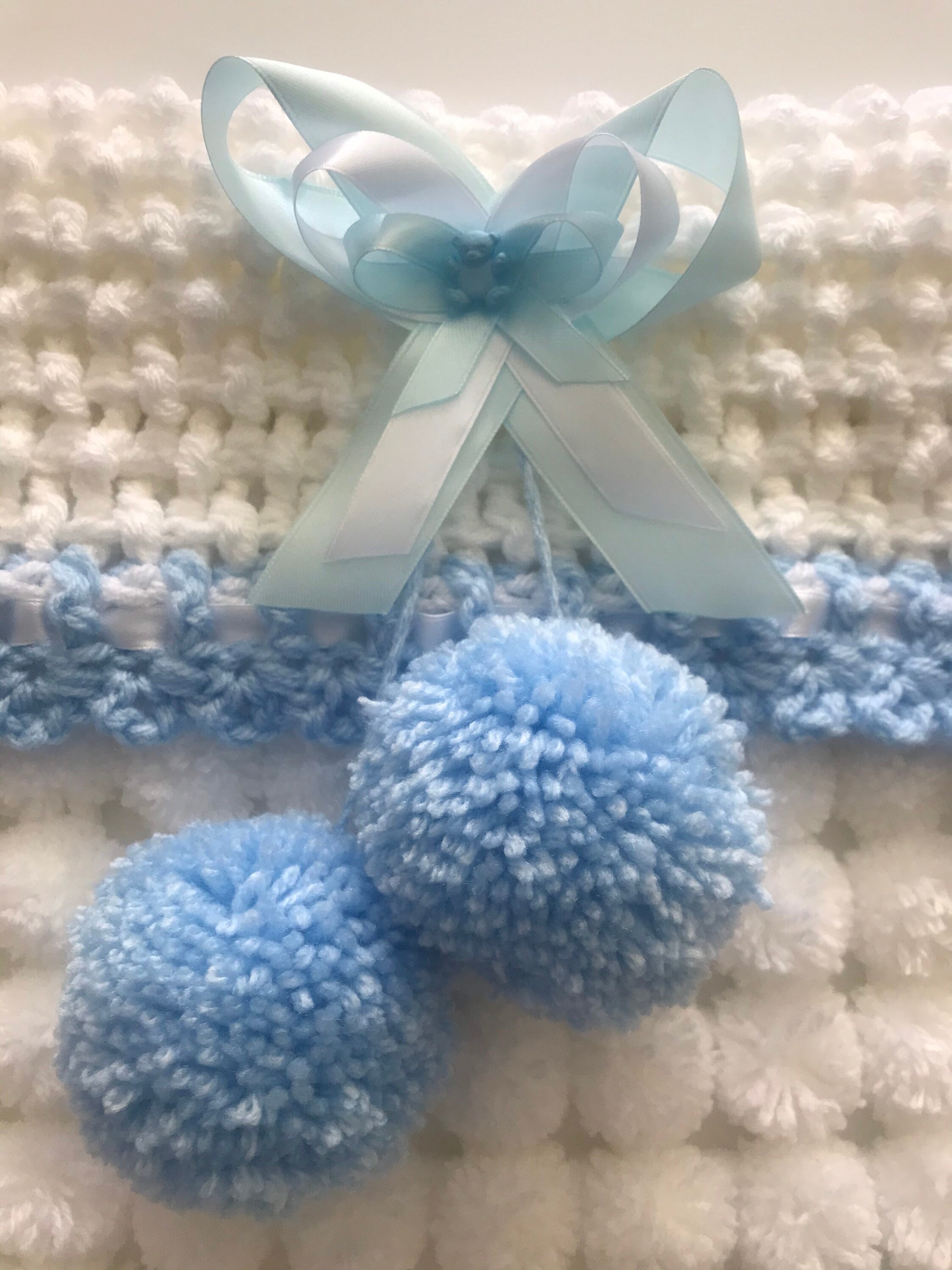 Beautiful White and Blue Baby Pom Pom Blanket Etsy UK