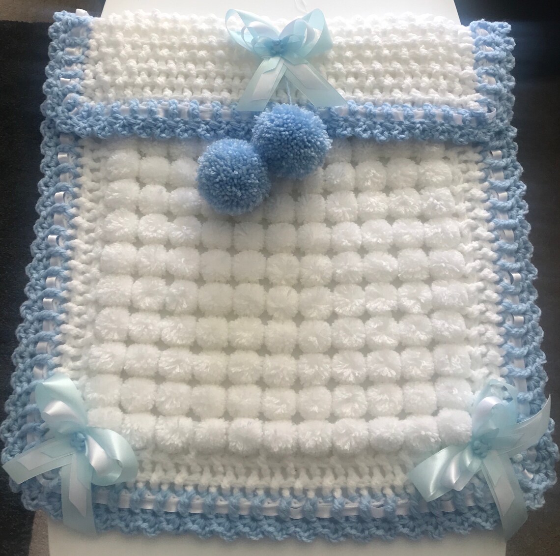 Beautiful White and Blue Baby Pom Pom Blanket Etsy UK