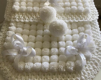 Beautiful White Baby Pom Pom Car Seat Blanket