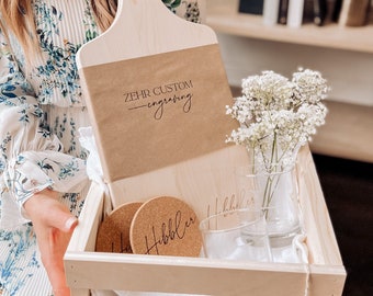 Personalized Maple Cutting Board Gift Set: Rocks Glasses, Coasters & Wood Basket