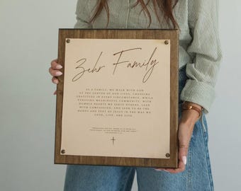 Personalized Family Values Sign. Custom Family Mission Statement. Christian Home Decor. Engraved Leather Wall Art.