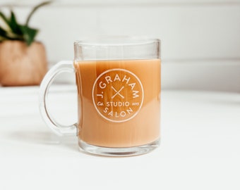 engraved glass mug. laser engraved. logo. sale. dishwasher safe. business logo. zehr engraving. custom engraving. coffee mug.