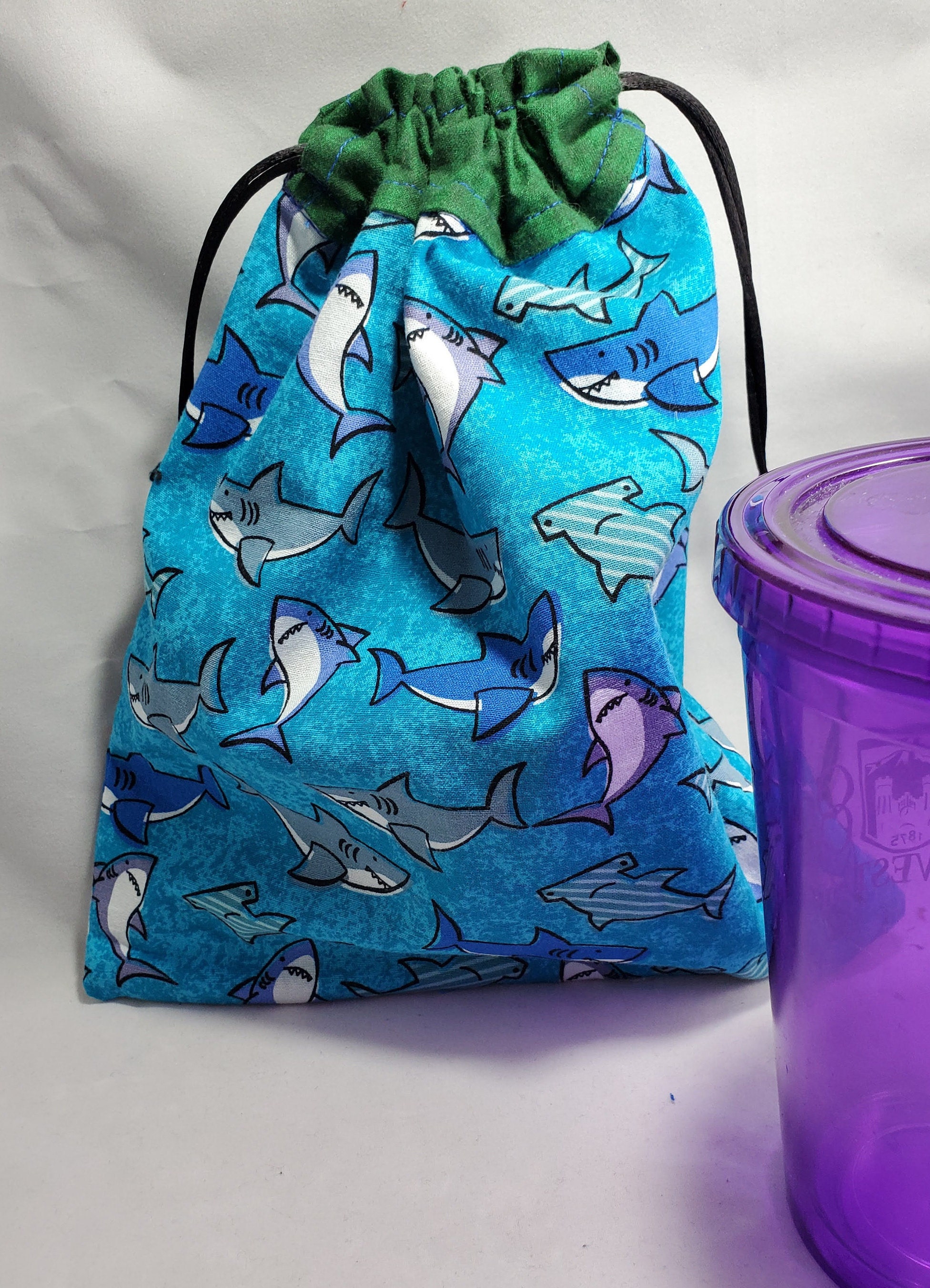 Reversible Drawstring: Sharks and Fishes Cotton Bag, Tote Bag ...