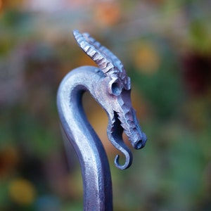 Forged Dragon head fire poker. Straight horns. Personalized / custom.