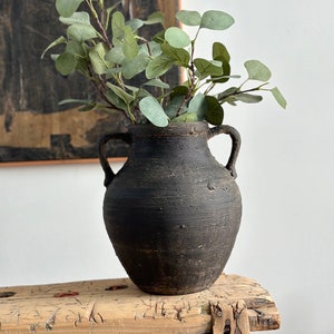 Black rustic vase 10.5'' tall, Aged vessel, Artisan Hand painted vase, Black brown vase, Rustic black vessel, Statement piece, Textured vase