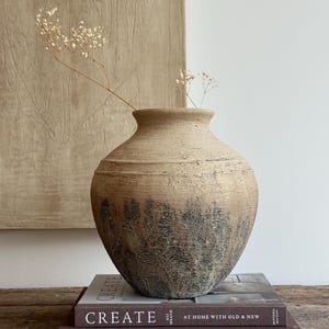Könnte beinhalten: Eine runde, texturierte Keramikvase in Beige und Dunkelgrau mit bauchigem Körper und engem Hals. Die Vase hat eine verwitterte, erdige Oberfläche und enthält einen zarten Zweig mit getrockneten weißen Blüten. Sie steht auf zwei gebundenen Büchern.