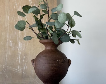 Rustikale handbemalte Vase - 11,5 '' tiefbraune gealterte Keramikvase, neutrale Erdton-Wohndekoration