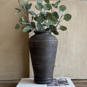 Black matte vase, Black rustic distressed vessel, 13&#39;&#39; tall, Wabi-sabi vase , Artisan Hand finish vase, Black weathered vase