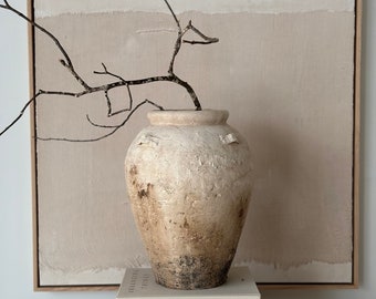 Rustic Mediterranean Olive Jar, 13'' tall, Aged vessel with handles, Rustic floor vase, Hand painted vase, Large terracotta vase