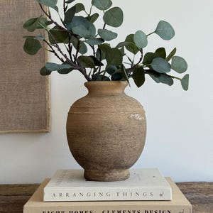 Puede incluir: Un jarrón rústico y texturizado de color marrón contiene ramas de eucalipto artificiales con hojas verdes. El jarrón está sobre dos libros, uno titulado "ARRANGING THINGS" y el otro "EIGHT HOMES CLEMENTS DESIGN". El arreglo está sobre una superficie de madera.