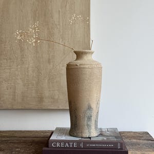 Hand-Painted Beige Black Rustic Vase:  14" Tall Textured Ceramic Decorative Vase