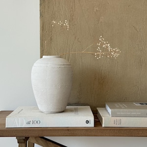 Pode incluir: Um vaso de cerâmica branco mate com uma superfície texturizada e desgastada e uma abertura estreita. Um delicado ramo de flores secas está colocado dentro do vaso. O vaso repousa sobre um livro branco intitulado AD at 100, ao lado de dois livros.