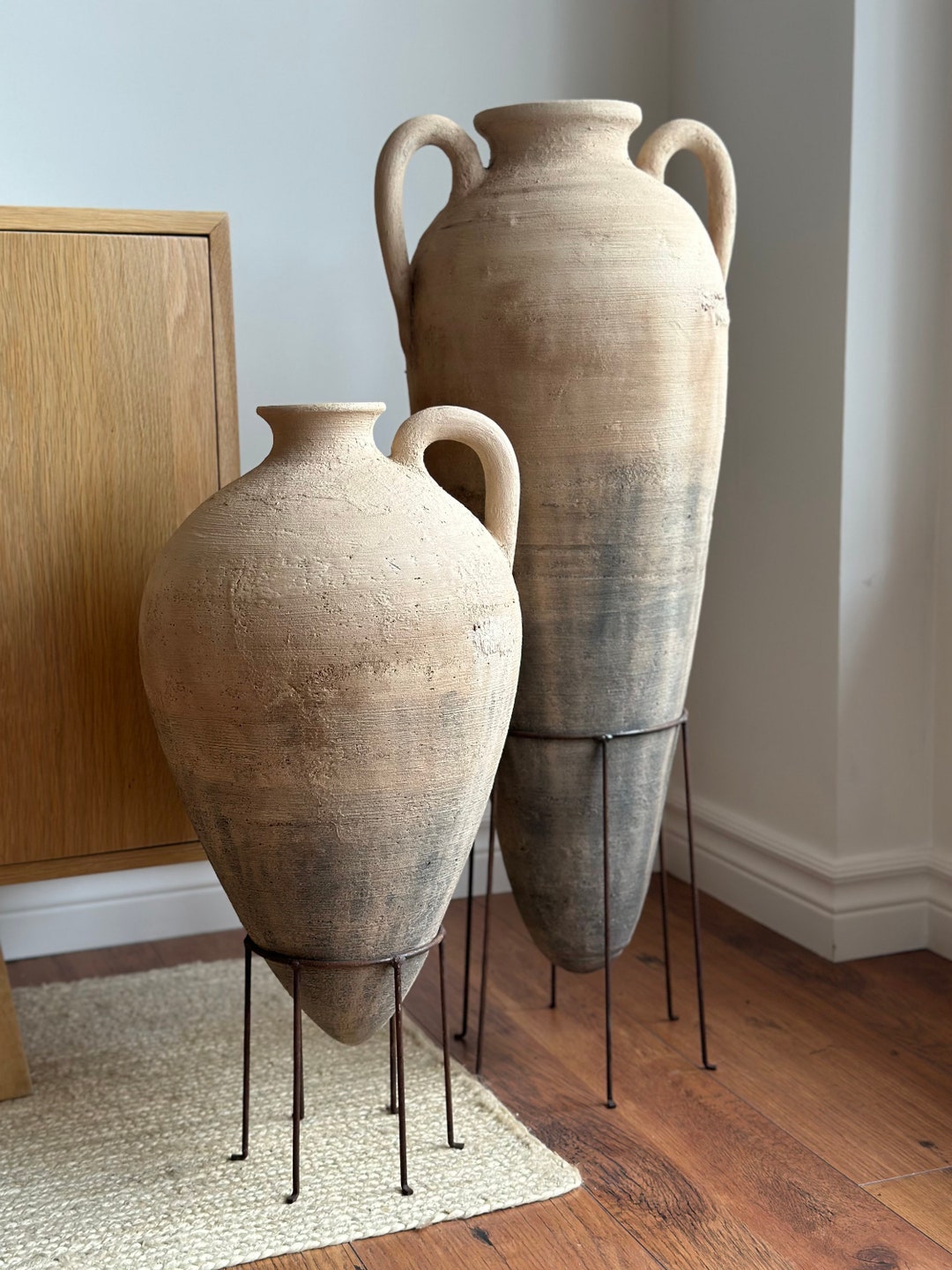 Floor Vase on Stand Beige Matte Vase Aged Vessel Etsy