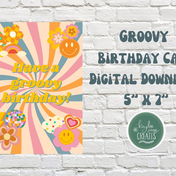 Colorful Groovy Birthday Card | Retro 60’s 70’s Printable Card | Digital Download | 5” x 7” | Hippie | Disco | Funky | Rainbow