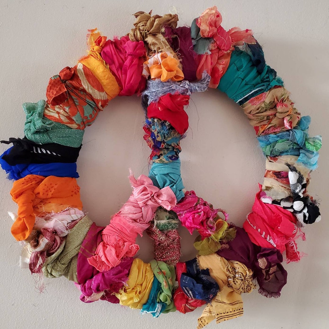PEACE SIGN WREATH | Boho Rag Wreath | Peace Wall Hanging | Hippy Peace ...