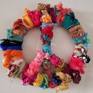 PEACE SIGN WREATH  | Boho Rag Wreath | Peace Wall Hanging | Hippy Peace Sign | Boho Wreath | Bohemian Wall Decor | Scrap Fabric Wreath