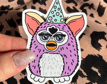 Adesivo vintage anni '90 con illustrazione del Furby per il compleanno.